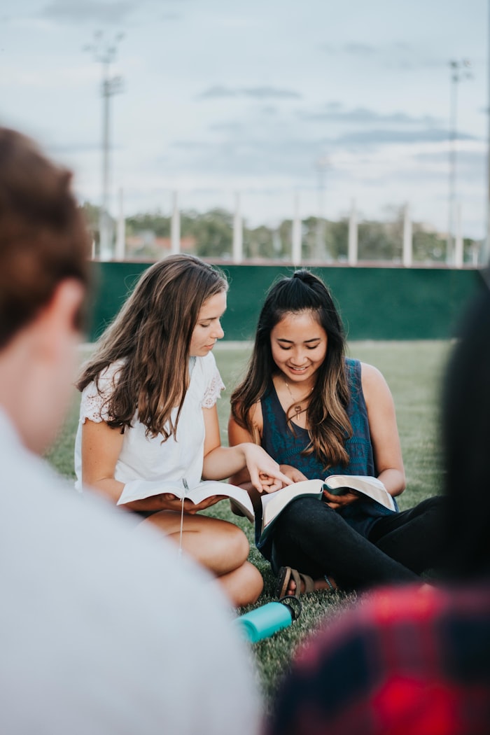Students reading and studying together on the grass
