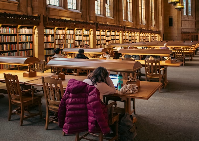 A student researching at a desk in a university library